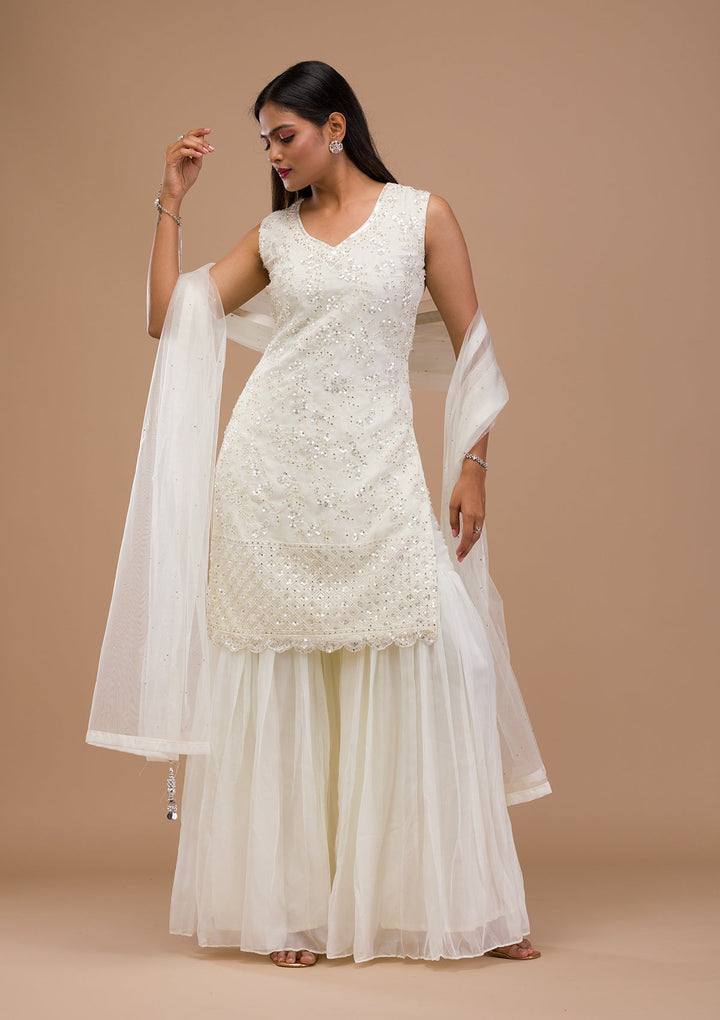 Off White Sequins Tissue Readymade Salwar Suit-Koskii