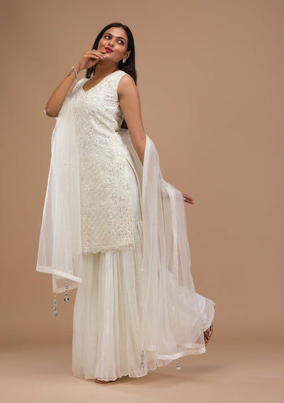 Off White Sequins Tissue Readymade Salwar Suit-Koskii