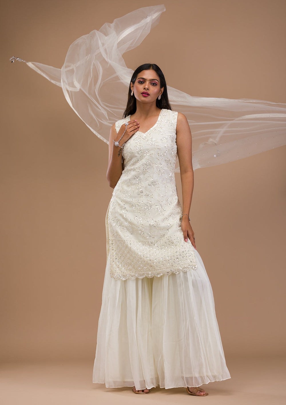 Off White Sequins Tissue Readymade Salwar Suit-Koskii
