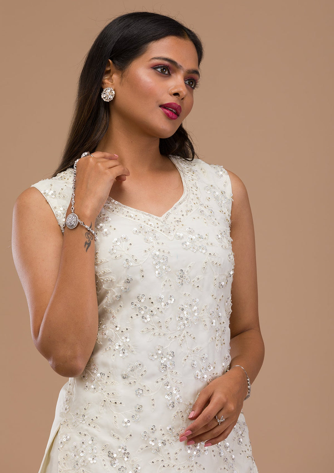 Off White Sequins Tissue Readymade Salwar Suit-Koskii