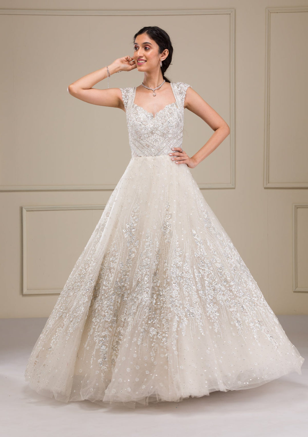 Off White Silver Stonework Net Gown-Koskii