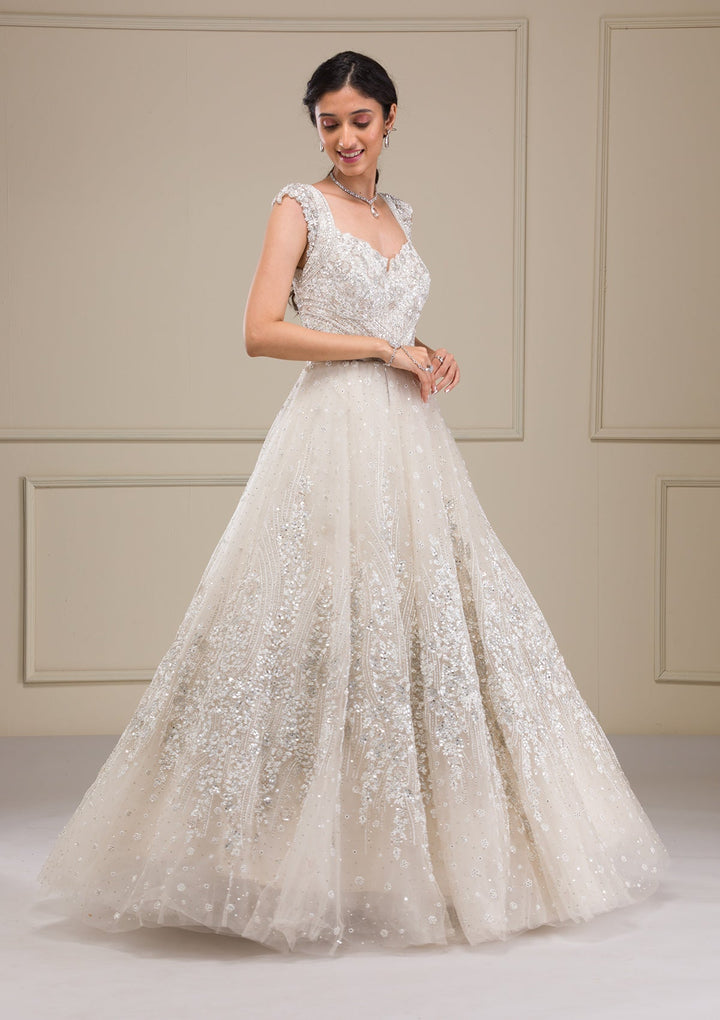 Off White Silver Stonework Net Gown-Koskii