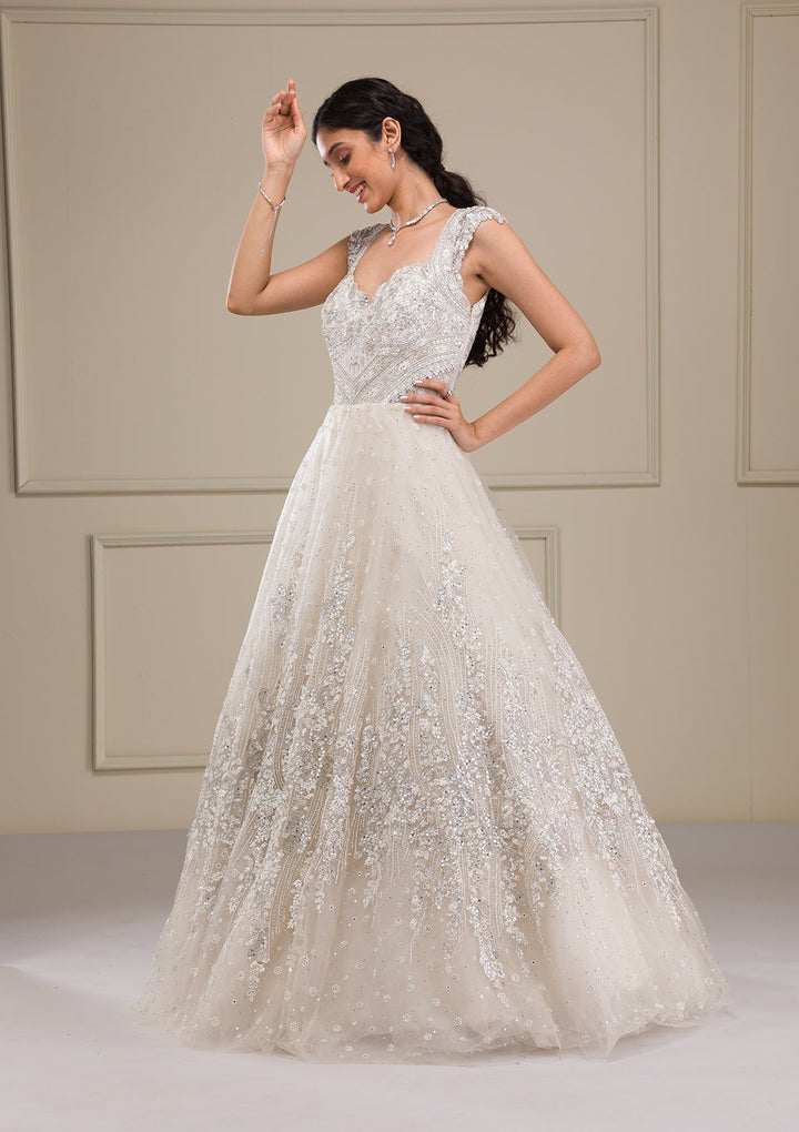 Off White Silver Stonework Net Gown-Koskii