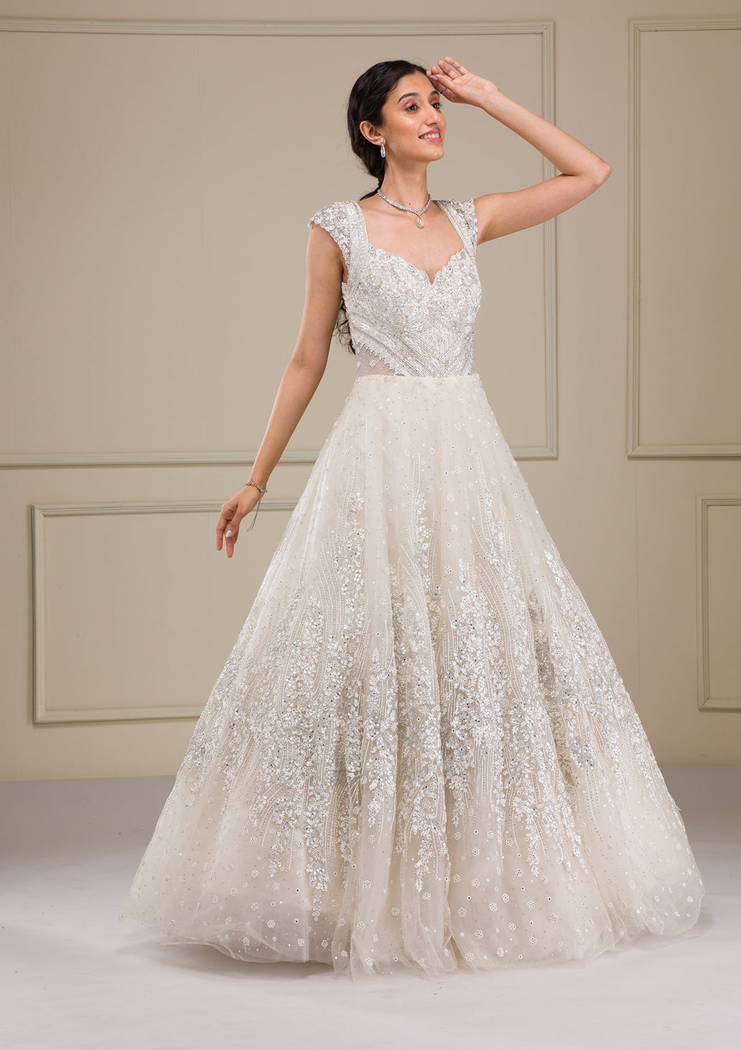 Off White Silver Stonework Net Gown-Koskii