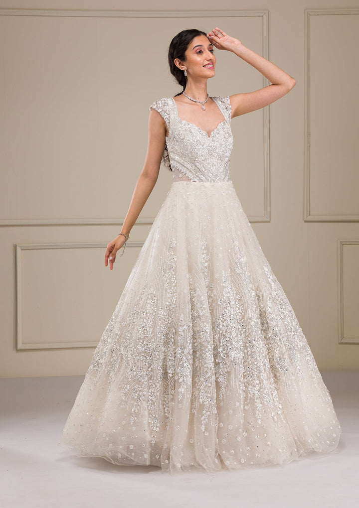 Off White Silver Stonework Net Gown-Koskii