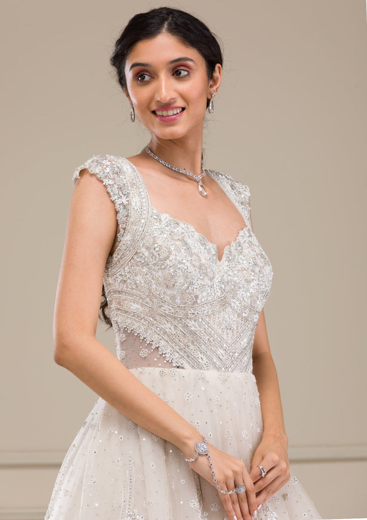 Off White Silver Stonework Net Gown-Koskii