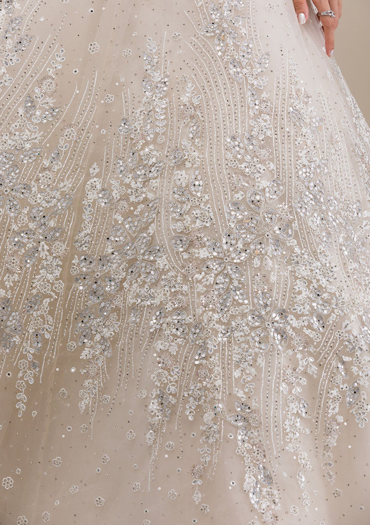 Off White Silver Stonework Net Gown-Koskii