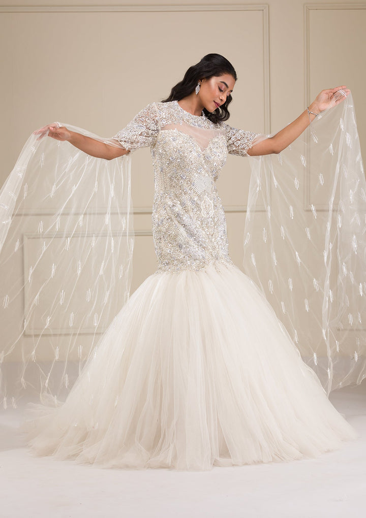 Off White Stonework Net Gown-Koskii