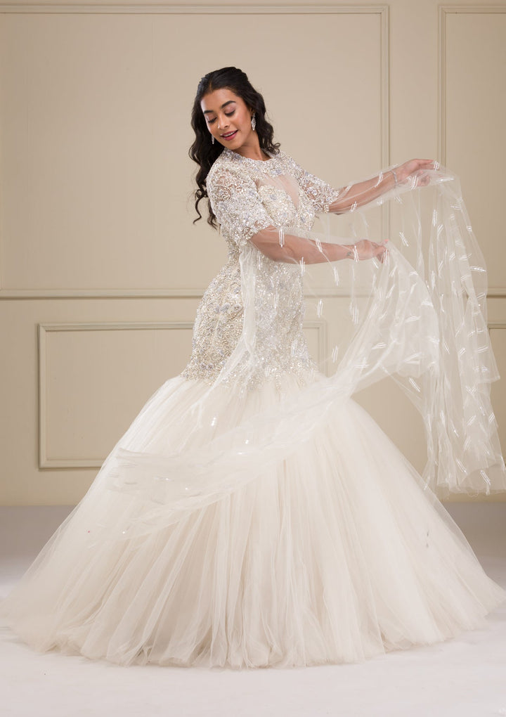 Off White Stonework Net Gown-Koskii