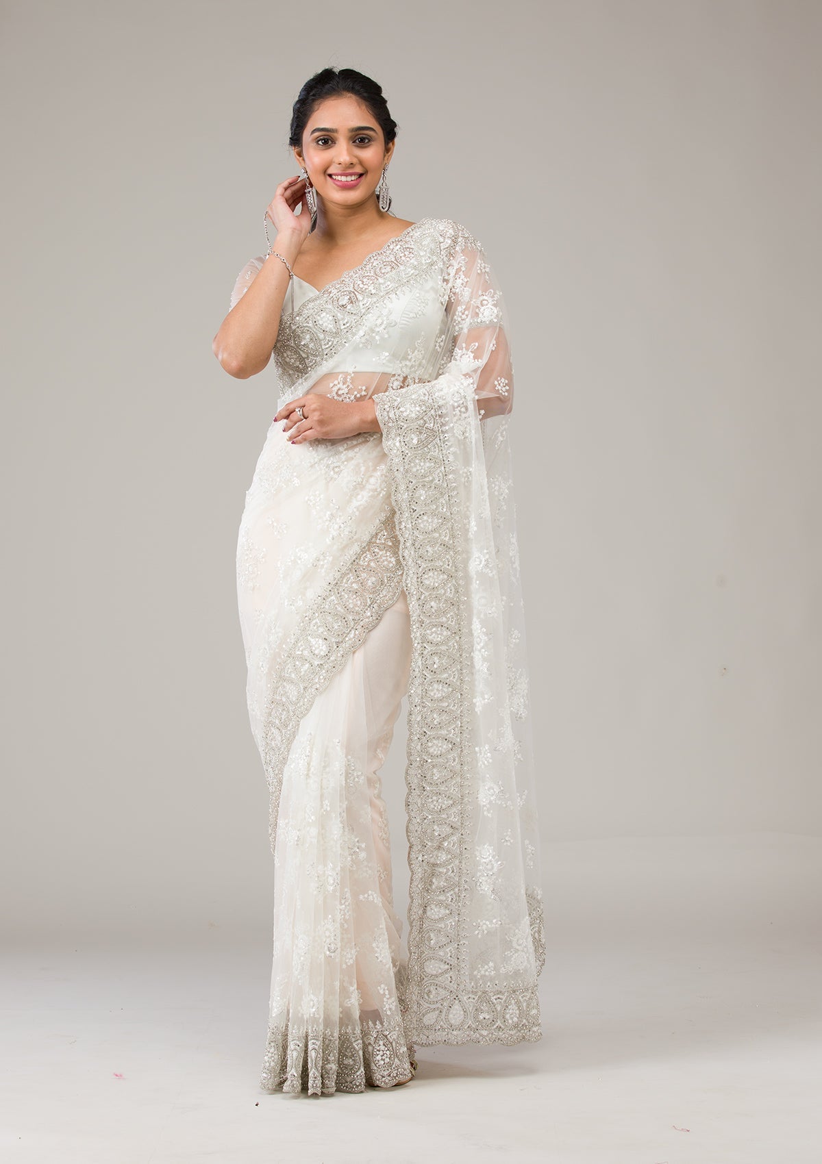 Off White Stonework Net Saree-Koskii