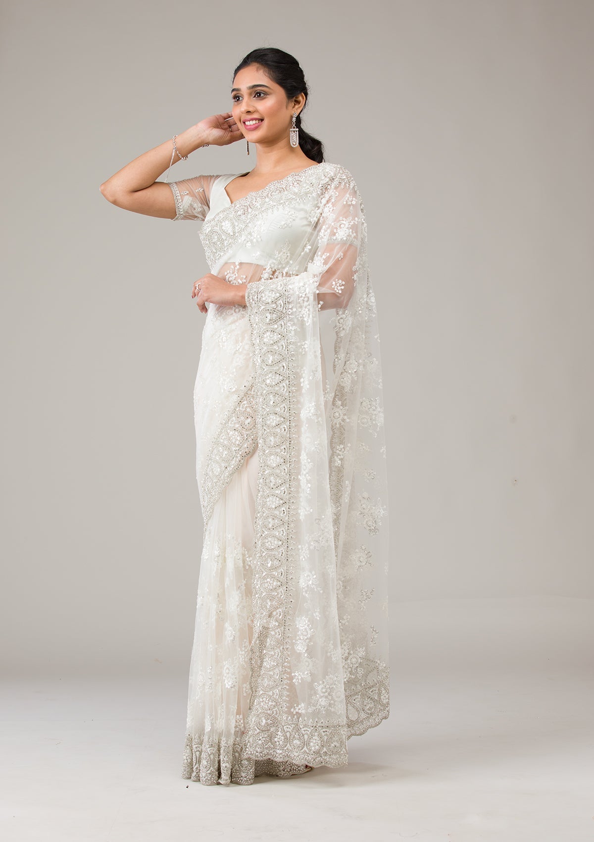 Off White Stonework Net Saree-Koskii