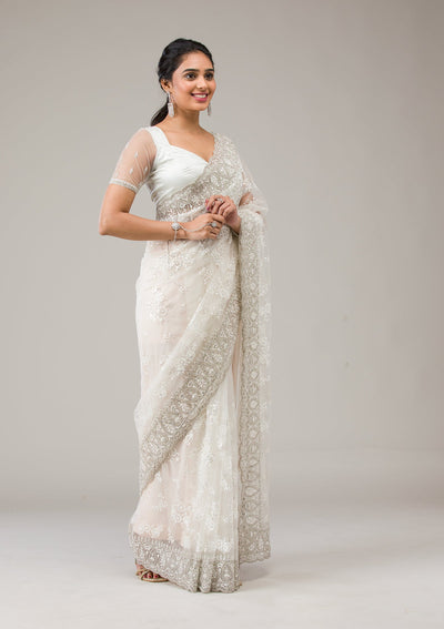 Off White Stonework Net Saree-Koskii