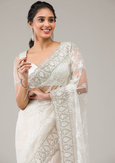 Off White Stonework Net Saree-Koskii