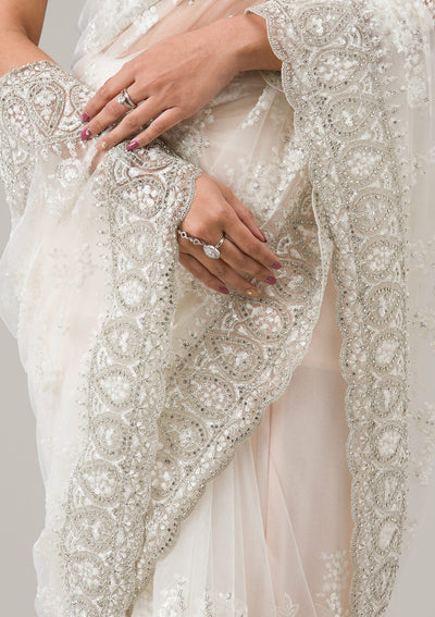 Off White Stonework Net Saree-Koskii