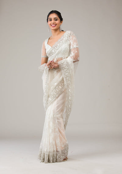 Off White Stonework Net Saree-Koskii