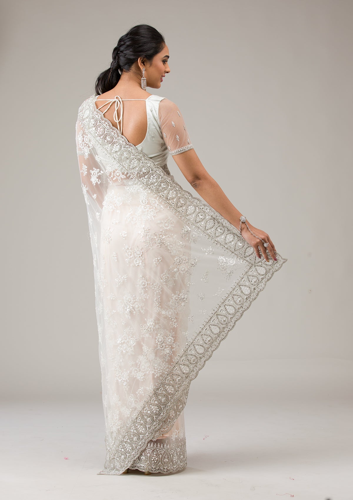 Off White Stonework Net Saree-Koskii