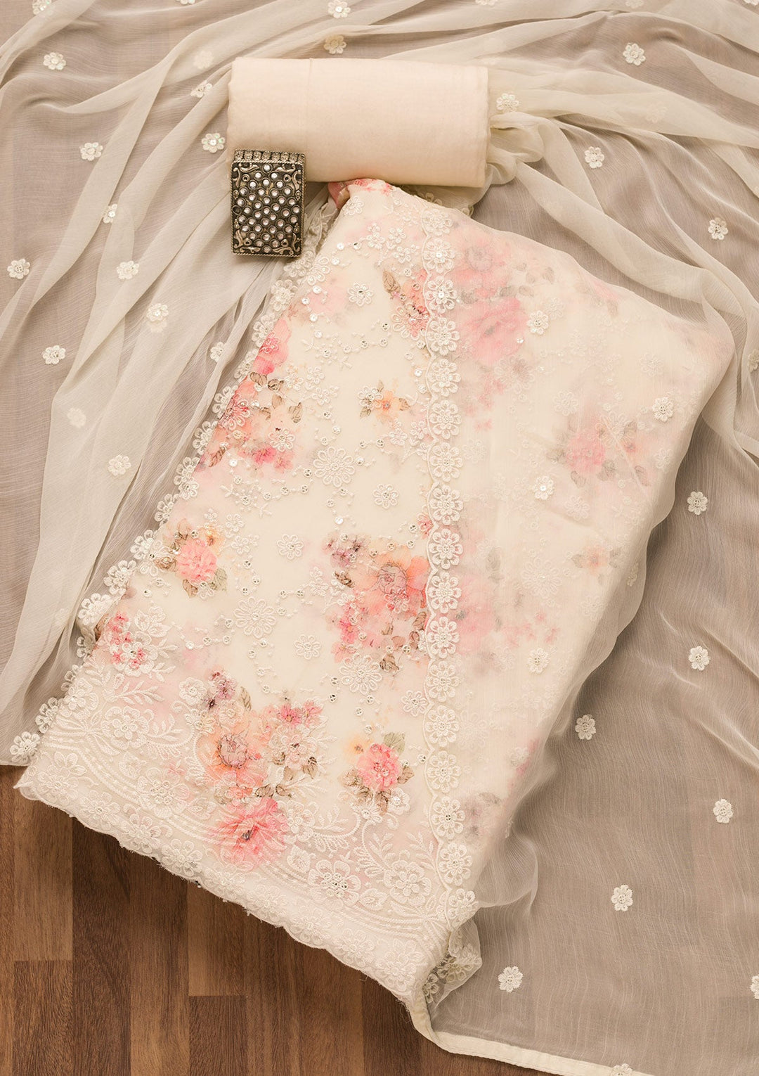 Off White Threadwork Chiffon Unstitched Salwar Suit-Koskii