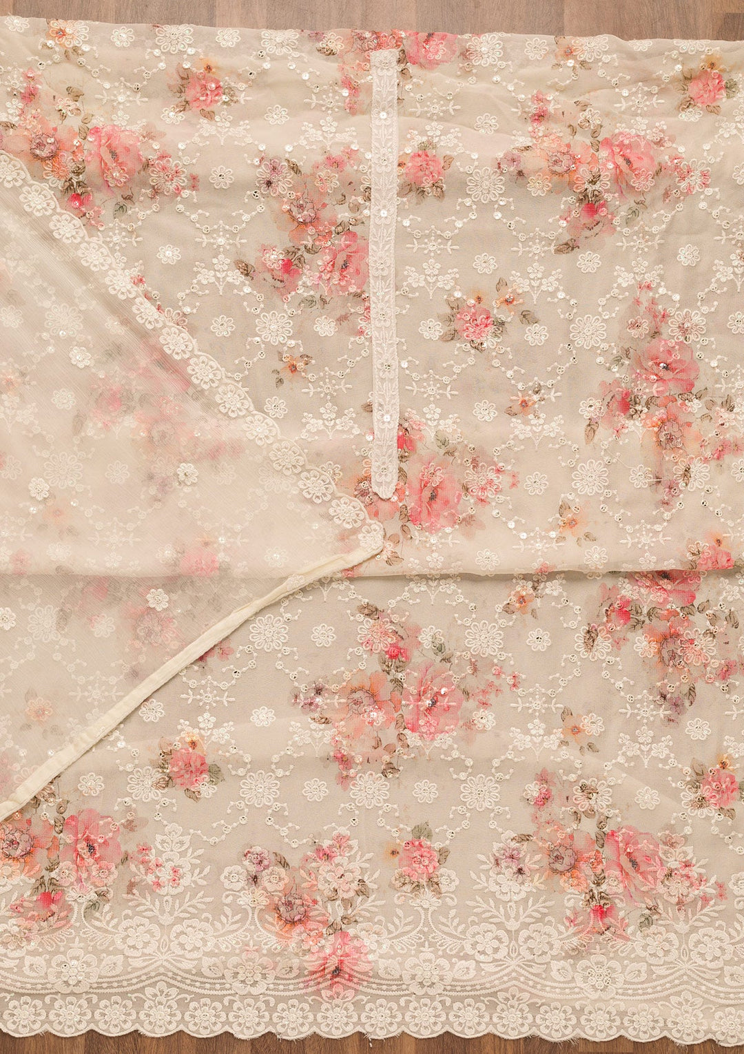Off White Threadwork Chiffon Unstitched Salwar Suit-Koskii