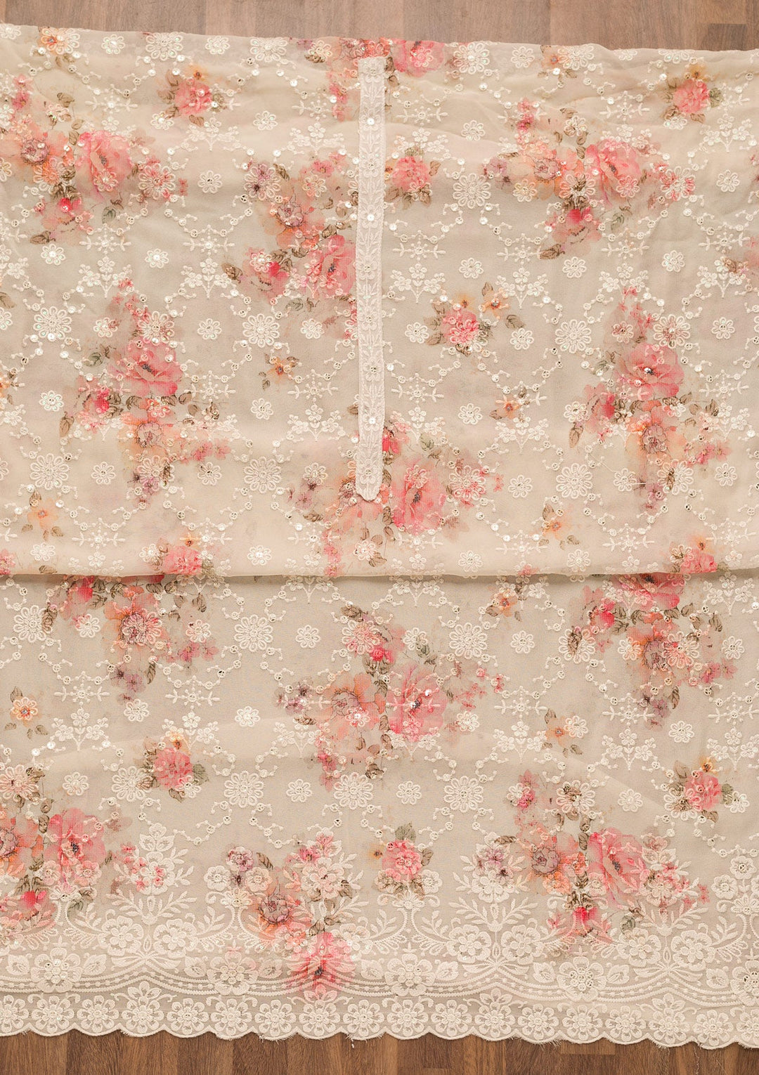 Off White Threadwork Chiffon Unstitched Salwar Suit-Koskii