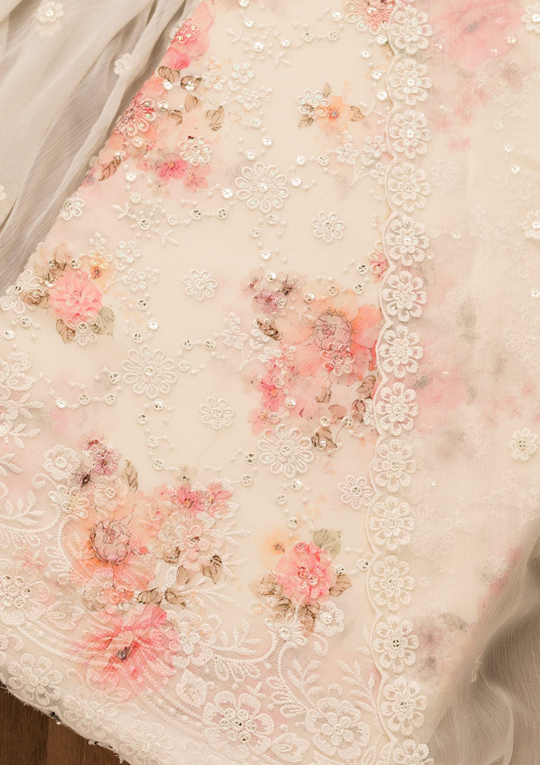 Off White Threadwork Chiffon Unstitched Salwar Suit-Koskii
