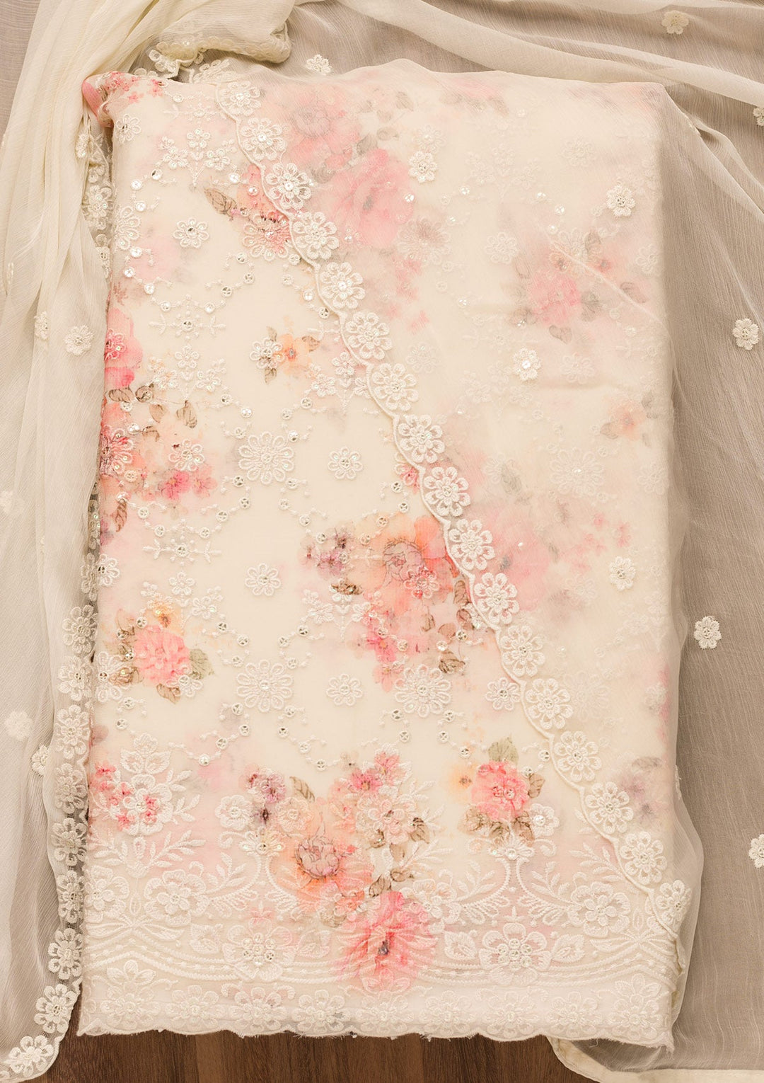 Off White Threadwork Chiffon Unstitched Salwar Suit-Koskii