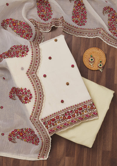 Off White Threadwork Chiffon Unstitched Salwar Suit-Koskii