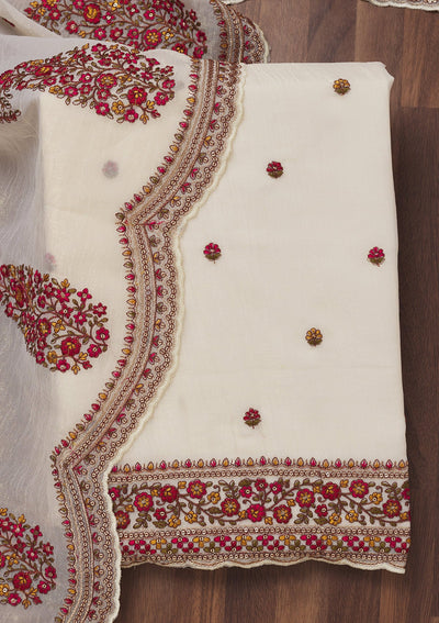 Off White Threadwork Chiffon Unstitched Salwar Suit-Koskii