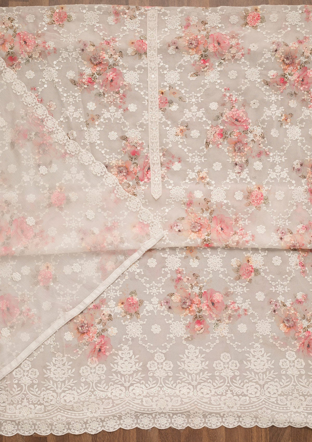 Off White Threadwork Georgette Unstitched Salwar Suit-Koskii