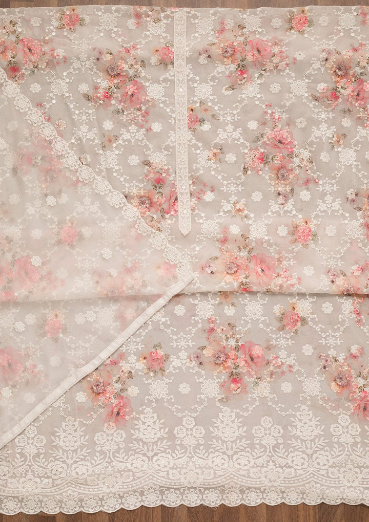 Off White Threadwork Georgette Unstitched Salwar Suit-Koskii