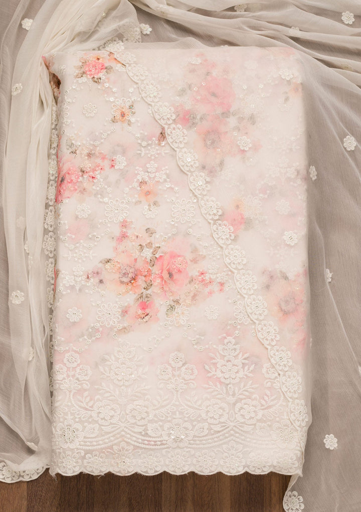 Off White Threadwork Georgette Unstitched Salwar Suit-Koskii