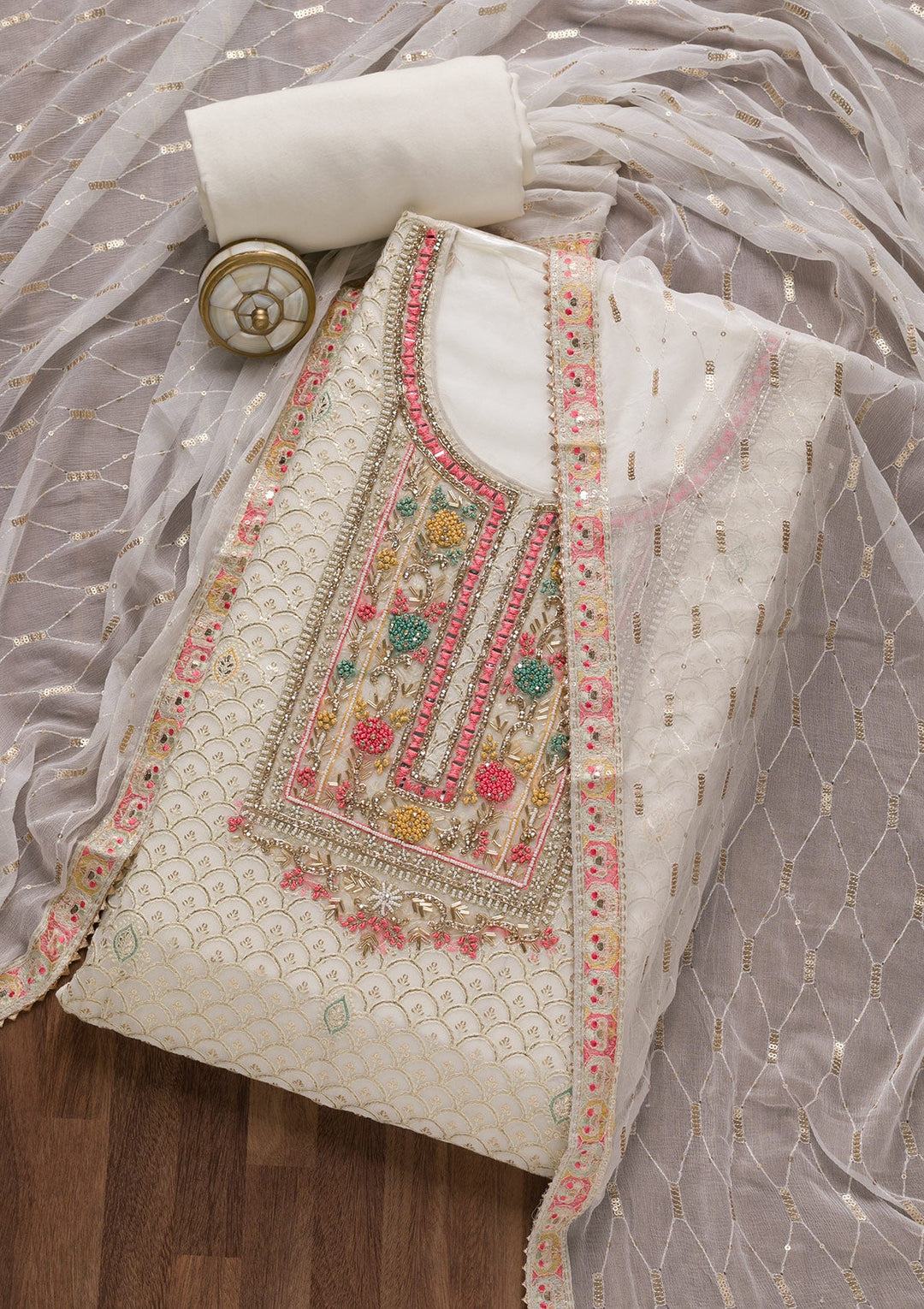 Off White Threadwork Georgette Unstitched Salwar Suit-Koskii