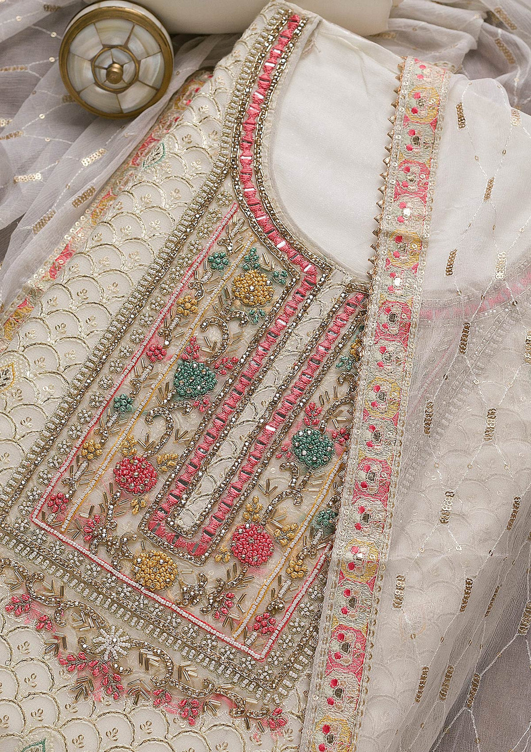 Off White Threadwork Georgette Unstitched Salwar Suit-Koskii