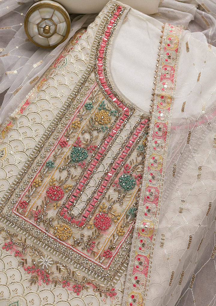 Off White Threadwork Georgette Unstitched Salwar Suit-Koskii