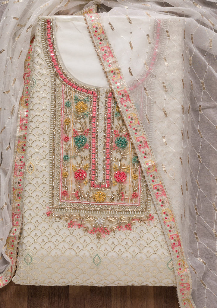 Off White Threadwork Georgette Unstitched Salwar Suit-Koskii