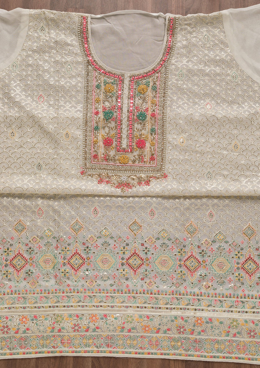 Off White Threadwork Georgette Unstitched Salwar Suit-Koskii