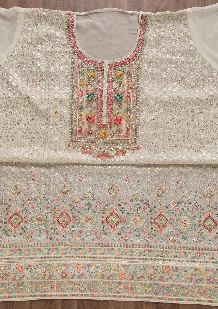 Off White Threadwork Georgette Unstitched Salwar Suit-Koskii