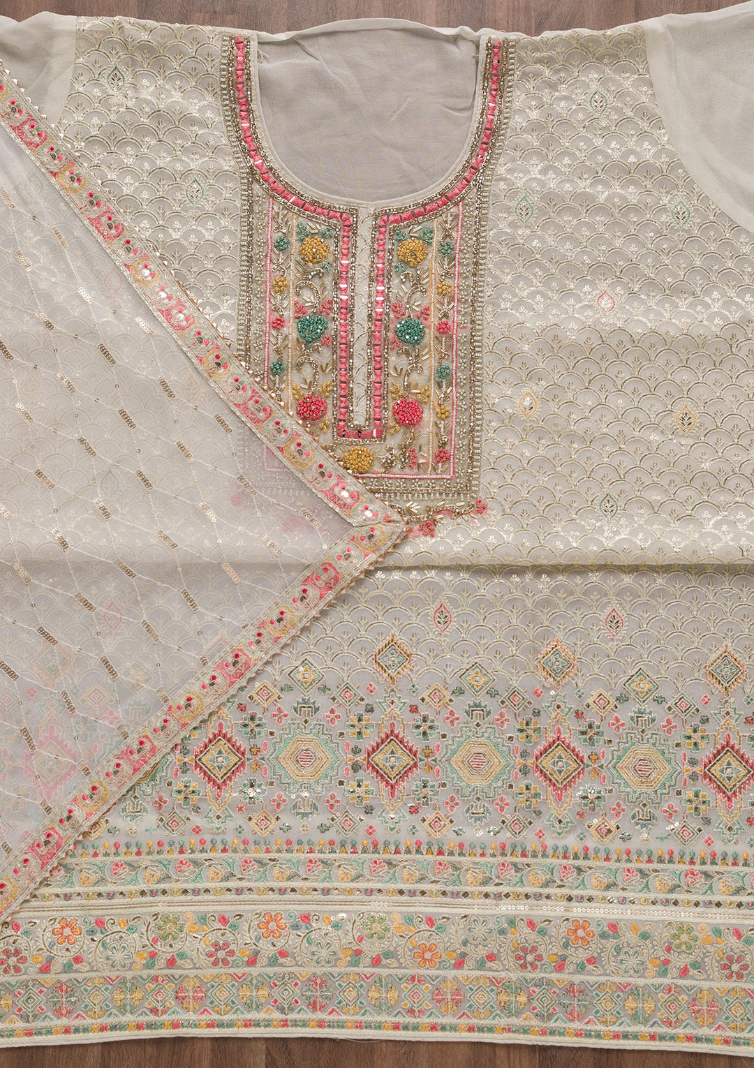 Off White Threadwork Georgette Unstitched Salwar Suit-Koskii