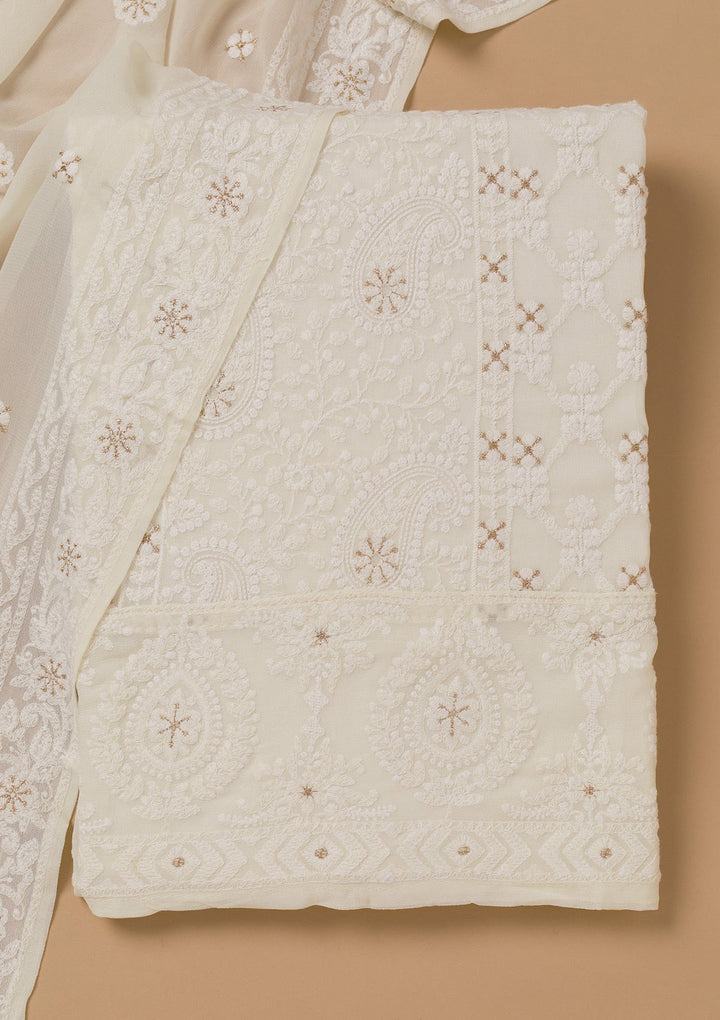 Off White Threadwork Georgette Unstitched Salwar Suit-Koskii