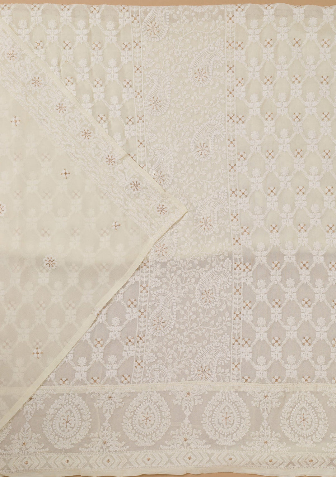 Off White Threadwork Georgette Unstitched Salwar Suit-Koskii