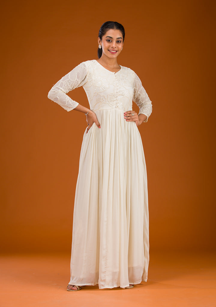 Off White Threadwork Semi Crepe Readymade Salwar Suit