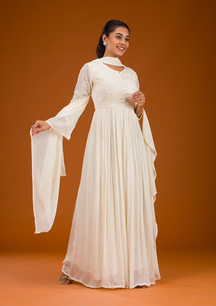 Off White Threadwork Semi Crepe Readymade Salwar Suit-Koskii