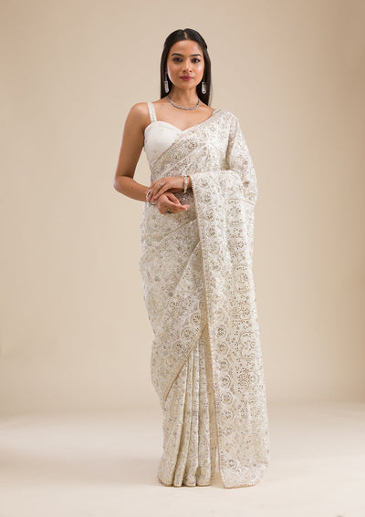 Off White Threadwork Tissue Saree-Koskii