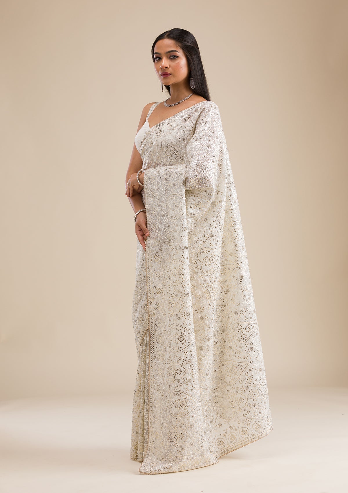 Off White Threadwork Tissue Saree-Koskii