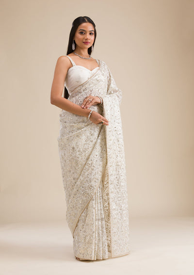 Off White Threadwork Tissue Saree-Koskii