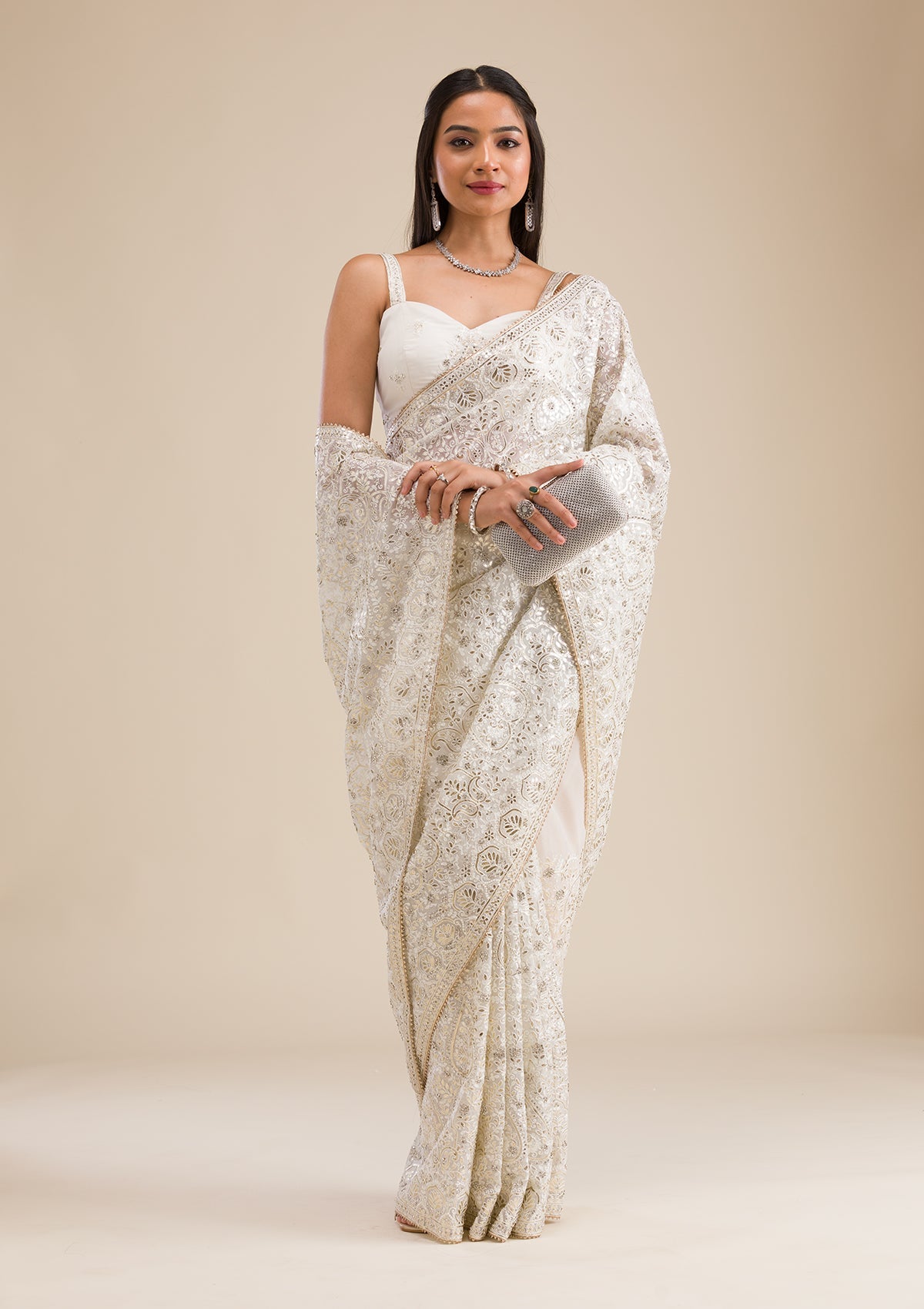 Off White Threadwork Tissue Saree-Koskii