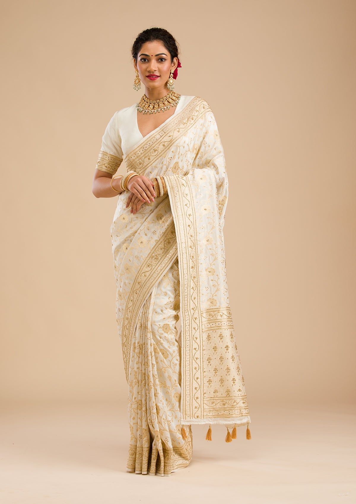 Off White Zariwork Banarasi Silk Saree-Koskii