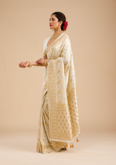 Off White Zariwork Banarasi Silk Saree-Koskii