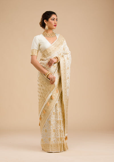 Off White Zariwork Banarasi Silk Saree-Koskii