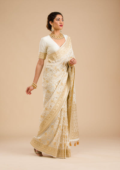 Off White Zariwork Banarasi Silk Saree-Koskii