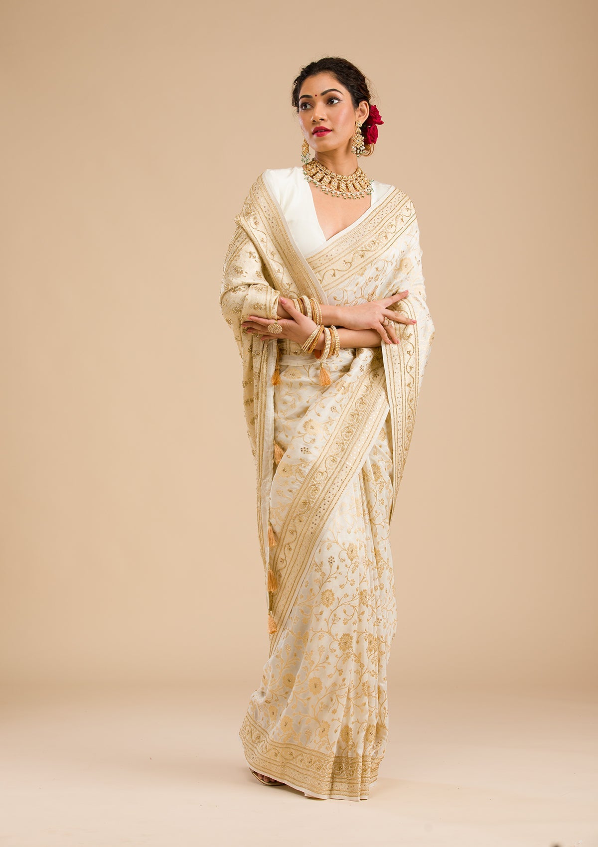 Off White Zariwork Banarasi Silk Saree-Koskii